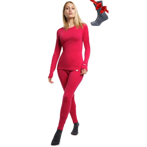 Merino.tech Merino Baselayer Set für Damen - Mittelschwere Thermo-Unterwäsche aus Merinowolle für Damen Oben und Unten (Small, 250 Magenta) von Merino.tech