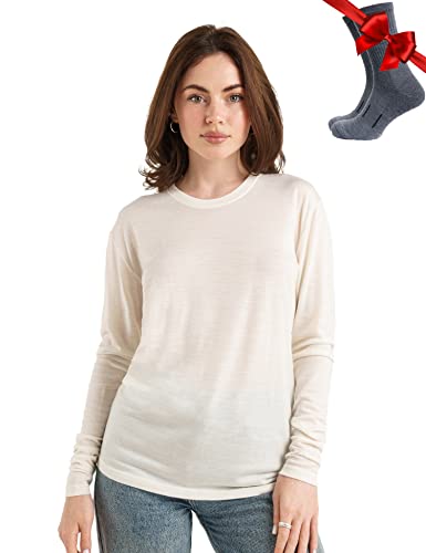 Merino.tech Merino Shirt Damen Langarm - Premium 100% Merino Unterwäsche Damen Leichte + Wollsocken (Small, 165 Snow White) von Merino.tech