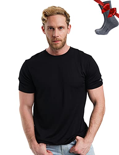 Premium Merino Shirt Herren Kurzarm - Atmungsaktiv 100% Merinowolle Tshirt Herren + Wanderwollsocken (XX-Large, Black Ink) von Merino.tech