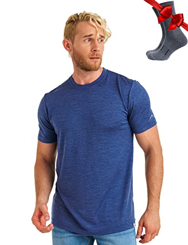 Premium Merino Shirt Herren Kurzarm - Atmungsaktiv 100% Merinowolle Tshirt Herren + Wanderwollsocken (Large, Chicago Blues) von Merino.tech