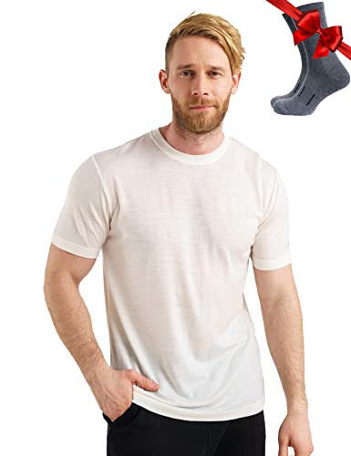 Premium Merino Shirt Herren Kurzarm - Atmungsaktiv 100% Merinowolle Tshirt Herren + Wanderwollsocken (Medium, White Off) von Merino.tech