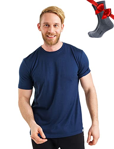 Premium Merino Shirt Herren Kurzarm - Atmungsaktiv 100% Merinowolle Tshirt Herren + Wanderwollsocken (X-Large, Navy) von Merino.tech