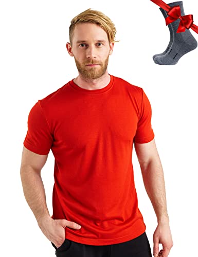 Premium Merino Shirt Herren Kurzarm - Atmungsaktiv 100% Merinowolle Tshirt Herren + Wanderwollsocken (X-Large, Red) von Merino.tech