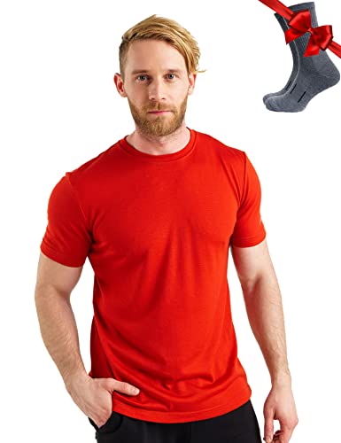 Premium Merino Shirt Herren Kurzarm - Atmungsaktiv 100% Merinowolle Tshirt Herren + Wanderwollsocken (XX-Large, Red) von Merino.tech