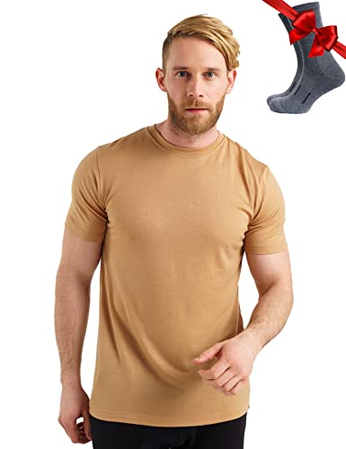 Premium Merino Shirt Herren Kurzarm - Atmungsaktiv 100% Merinowolle Tshirt Herren + Wanderwollsocken (XX-Large, Sand) von Merino.tech