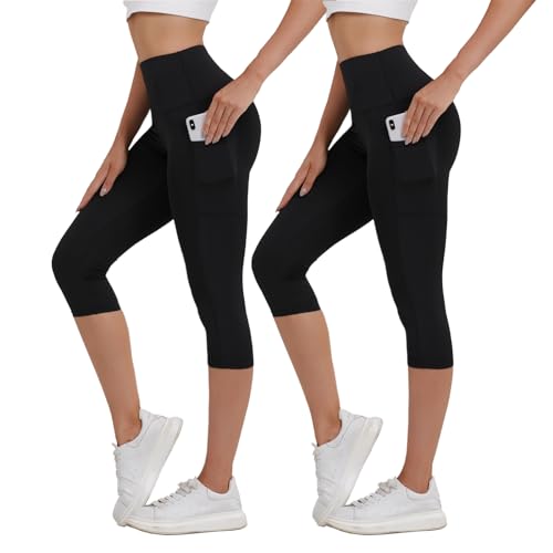 Merlvida Capri Leggings Damen High Waist 3/4 Sport Leggins mit Taschen Blickdicht Kurze Sporthose Elastische Sportleggins Schwarz 7/8 Hose Sommer für Yoga Gym Fitness von Merlvida