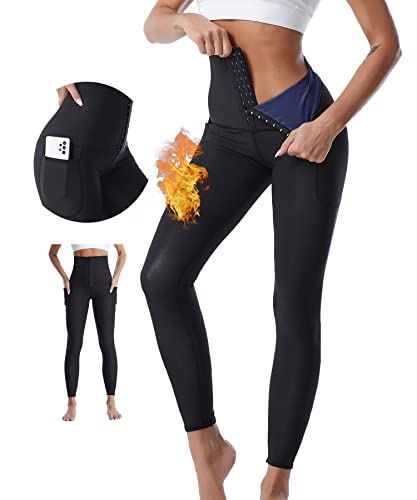 Merlvida Schwitzhose zum Abnehmen Sauna Leggings Damen High Waist Sportleggins mit Taschen Hot Thermo Sweat Sporthose Bauch Weg Schwitzen Hosen Shape Leggings Jogginghose Schwitzanzug Gym Yoga Fitness von Merlvida