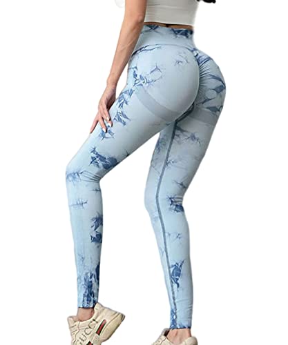 Merlvida Scrunch Butt Sport Leggings Damen High Waist Seamless Push Up Leggings Blickdicht Boom Booty Leggings Sporthose mit Bauchkontrolle Slim Sportleggins Gym Leggins A08 - Tie Dye Blau Size XL von Merlvida