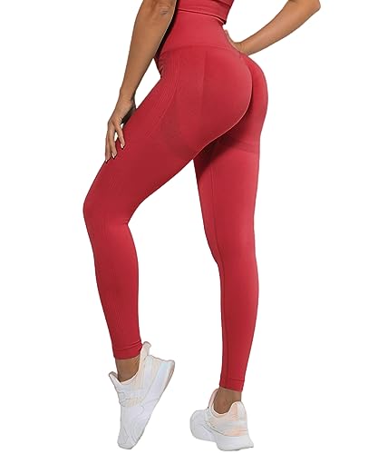 Merlvida Scrunch Butt Sport Leggings Damen High Waist Seamless Push Up Leggings Blickdicht Boom Booty Leggings Sporthose mit Bauchkontrolle Slim Sportleggins Gym Leggins Hose A09 - Rot Size XL von Merlvida