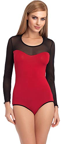 Merry Style Damen Langarm Body Langarmshirt Langarmbody Rundhals Bodysuit VBD15 (Weinrot/Schwarz, L) von Merry Style