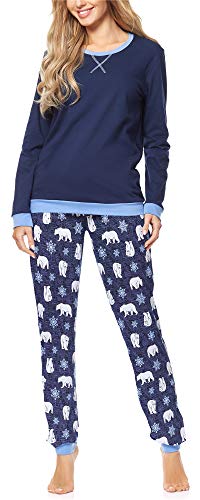 Merry Style Damen Lang Zweiteiliger Schlafanzug aus Baumwolle Pyjama Set Winter MS10-168 (Dunkelblau Bär-2, S) von Merry Style