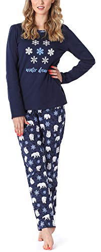 Merry Style Damen Lang Zweiteiliger Schlafanzug aus Baumwolle Pyjama Set Winter MS10-169 (Dunkelblau Bär, L) von Merry Style