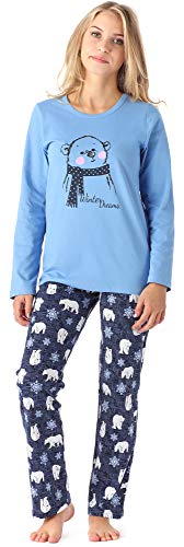 Merry Style Damen Lang Zweiteiliger Schlafanzug aus Baumwolle Pyjama Set Winter MS10-192 (Blau Bär, 170) von Merry Style