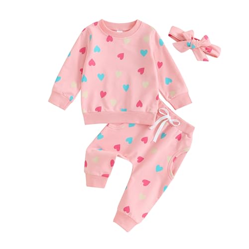 Baby Jungen Mädchen Liebe Herz Trainingsanzüge Set 3PCS Langarm Pullover Sweatshirt Hemd Elastische Taille Lange Jogginghose Bowknot Stirnband Valentinstag Bekleidungssets (Rosa , 0-6 Months ) von Mesalynch