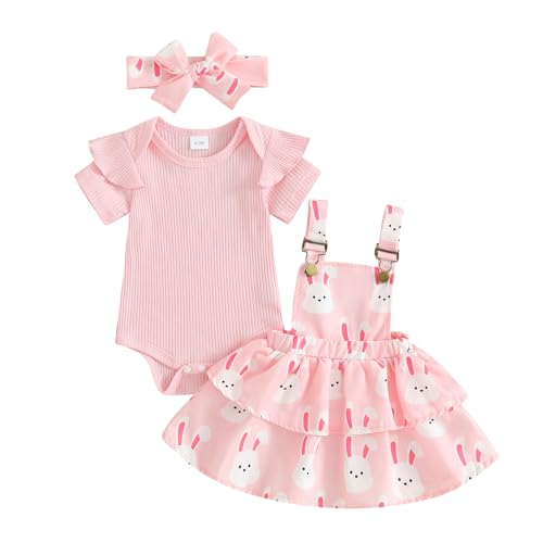 Mesalynch Neugeborenes Baby Mädchen Oster Bekleidungsset 3 Stücke Strampler Rock Set Kurzarm.Rüschen Schulter Strampler Strapse Tutu Hasenrock mit Stirnband Mädchen Rosa Kleidung (Rosa, 0-3 Months) von Mesalynch