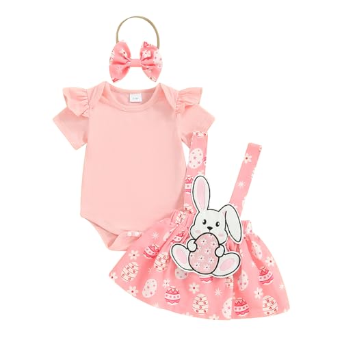 Neugeborenes Baby Mädchen Oster Bekleidungsset 3 Stücke Strampler Rock Set Kurzarm.Rüschen Schulter Strampler Strapse Tutu Hasenrock mit Stirnband Mädchen Ostern Kleidung (Rosa 2 , 3-6 Months ) von Mesalynch