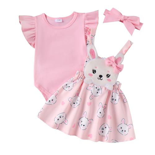 Neugeborenes Baby Mädchen Oster Bekleidungsset 3 Stücke Strampler Rock Set Kurzarm.Rüschen Schulter Strampler Strapse Tutu Hasenrock mit Stirnband Mädchen Ostern Kleidung (Rosa 4 , 3-6 Months ) von Mesalynch