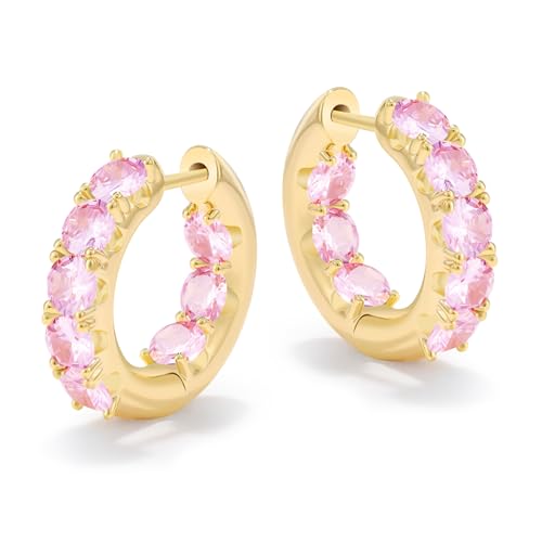 MESOVOR Gold Zirkonia Ohrringe Creolen für Damen, 18 Karat Vergoldete Huggie-Creolen Hypoallergene Ohrringe mit Goldene und Silber für Geburtstags Jubiläum Geschenke (Gold-Rosa) von Mesovor