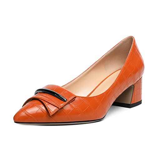 Mettesally Damen Blockabsatz Mid Heels Spitze Pumps Niedrige Absätze Schnalle Slip On Schuhe für Party Büro Orange EU39 von Mettesally