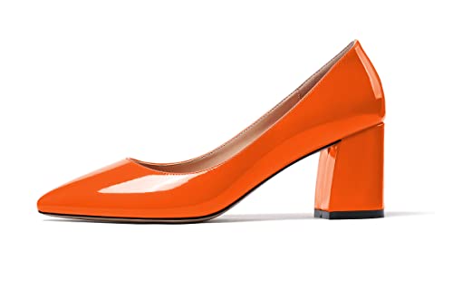 Mettesally Damen Blockabsatz Pumps Klassische 6.5 Mittlere Absätze Spitze Zehen Kleid Schuhe Patent Orange EU42 von Mettesally