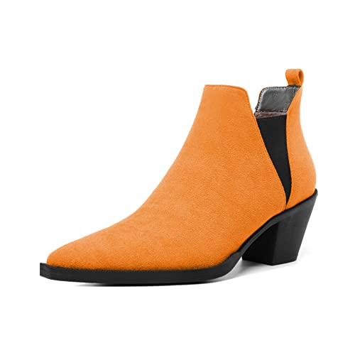 Mettesally Damen Chunky Mid Heel Cutout Chelsea Ankle Stiefel Pull On Pointy Blockabsatz Kurzstiefel Schuhe Orange EU36 von Mettesally