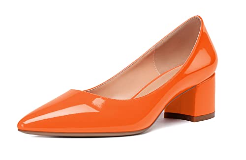 Mettesally Damen Klassische Pumps 5CM Spitze Zehen Elegant Komfort Freizeit Blockabsatz Schuhe Patent Orange EU41 von Mettesally