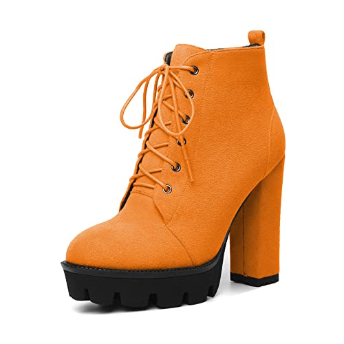 Mettesally Damen Plattform Chunky High Heel Lace Up Stiefel, Runde Knöchel Stiefel Side Zipper Stiefel Slip On Wildleder Stiefel Schuhe Orange EU41 von Mettesally