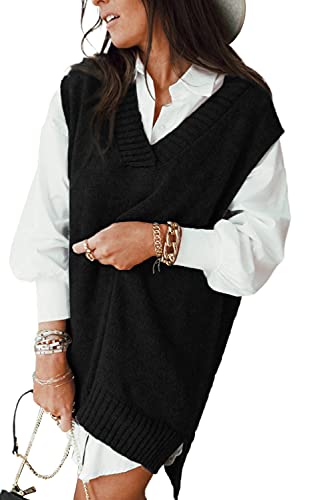 Meufam Pullover Damen Weste Casual Strickweste V-Ausschnitt Pullover Sweater Ärmellos Elegant Einfarbig Winter Herbst Strickpullover (Schwarz, XL) von Meufam
