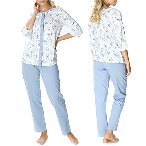 Mewa Damen Schlafanzug Helena, Blau mit Blumen, Baumwolle, zweiteilig, Damenpyjama mit Knöpfen, Pyjama Set Nachtwäsche 38 Blau von Mewa