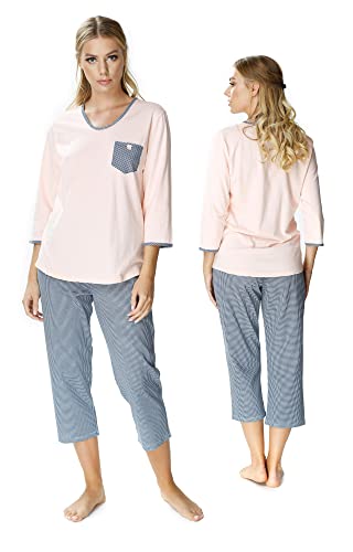 Mewa Zweiteiliger Schlafanzug aus Baumwolle FIBI, Damenpyjama 3/4 Hosen und Ärmel, Pyjama Set Nachtwäsche 42 Lachs von Mewa