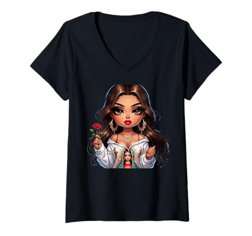Damen Cute Chibi Mexican Baby Girl Chicana Tonantzin Guadalupe T-Shirt mit V-Ausschnitt Damen Cute Chibi Mexican Baby Girl Chicana Tonantzin Guadalupe T-Shirt mit V-Ausschnitt von MexiColor