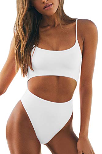 Meyeeka Damen-Monokini mit U-Ausschnitt vorne, Schnürung, hinten hoch geschnitten, Einteiler-Badeanzug - Weiß - Small von Meyeeka