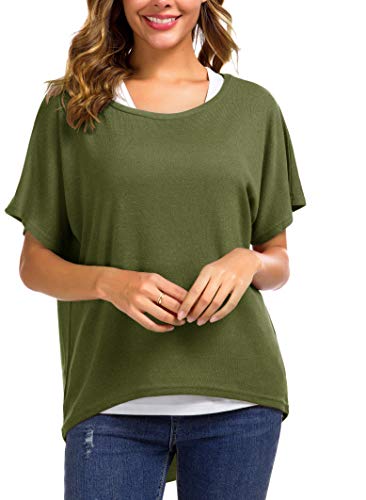 Meyison Damen Lose Asymmetrisch Sweatshirt Pullover Bluse Oberteile Oversized Tops T-Shirt Armee Grün-S von Meyison