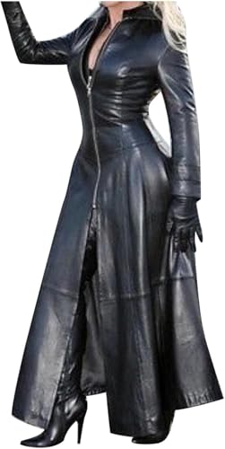 Damen Schwarzer Langer Ledermantel Elegant Damen in Voller Länge Kunstlederjacke Mantel lang Damen Kunstledermantel Reverskragen Knopfleiste/Reißverschluss Steampunk PU Mantel Trenchcoat Damen Schwarzer Langer Ledermantel Elegant Damen in Voller Länge Kunstlederjacke Mantel lang Damen Kunstledermantel Reverskragen Knopfleiste/Reißverschluss Steampunk PU Mantel Trenchcoat von Mfhmom