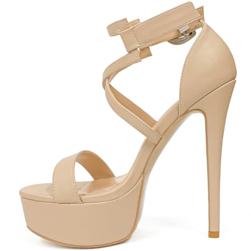 Damen Sandalen Römische Plateau Peeptoe Kreuzriemen High Heels Glänzend PU Sexy Für Club Und Nachtausgang Übergrößen Erhältlich,Nude,44 EU Damen Sandalen Römische Plateau Peeptoe Kreuzriemen High Heels Glänzend PU Sexy Für Club Und Nachtausgang Übergrößen Erhältlich,Nude,44 EU von MiaZane