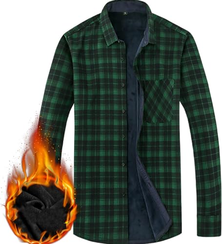 Herren Dickes Kariertes Hemd Kariertes Freizeithemd Langarm Button Down Kariertes Gefüttert Hemdjacke Mit Tasche (Grün,XL) von Miaikvs