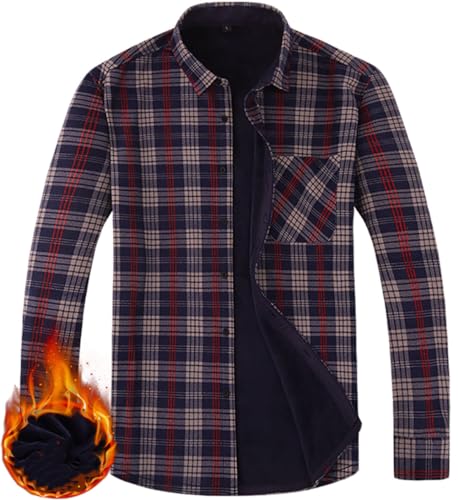 Herren Dickes Kariertes Hemd Kariertes Freizeithemd Langarm Button Down Kariertes Gefüttert Hemdjacke Mit Tasche (Marine,M) von Miaikvs