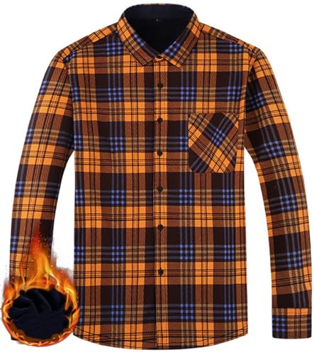 Herren Dickes Kariertes Hemd Kariertes Freizeithemd Langarm Button Down Kariertes Gefüttert Hemdjacke Mit Tasche (Orange,L) von Miaikvs