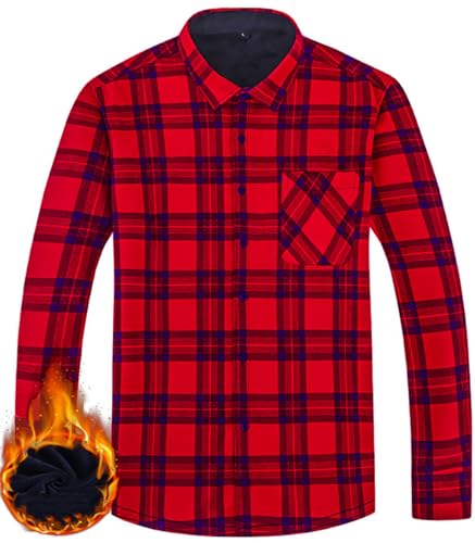 Herren Dickes Kariertes Hemd Kariertes Freizeithemd Langarm Button Down Kariertes Gefüttert Hemdjacke Mit Tasche (Rot,2XL) von Miaikvs