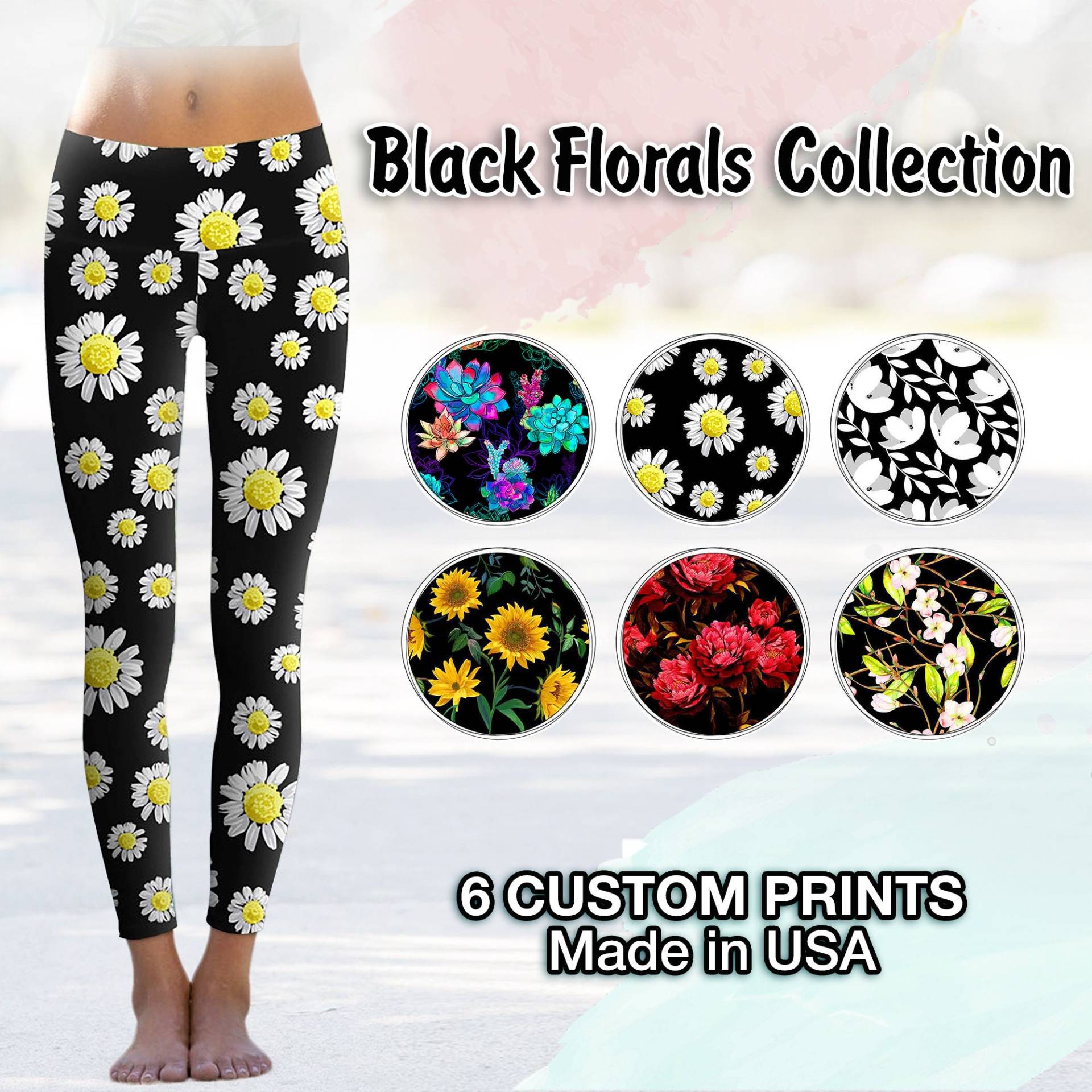 6 Black Floral Prints Yogahosen Workout Leggings Gym Tights Frauen Sport Laufen Fitness Zumba Pilates Recycelt - Made in Usa von MiamiPineappleShop