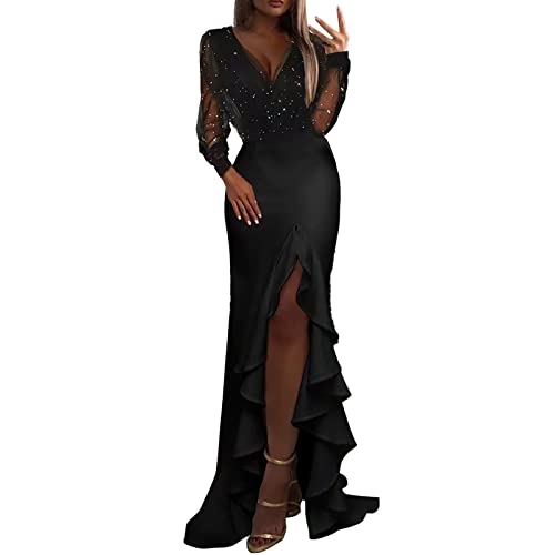 Damenpaket Hüfte Mittlere Taille Taille Schwarz Mesh Pailletten Maxikleider Glitzer Kleid Schwarz (Black, M) von MianYaLi