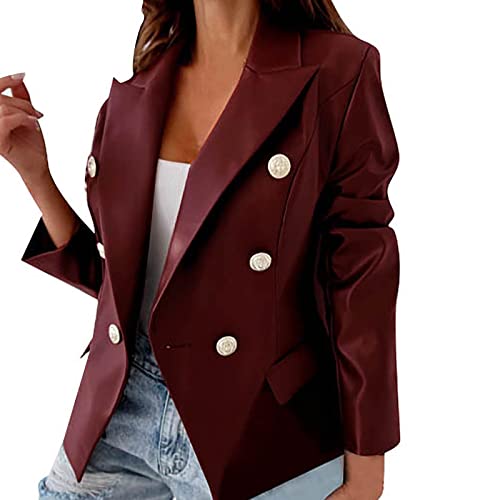 Jacke für Damen, Reverskragen Casual Fashion Jacket Zweireihige modische PU Lederjacke Einfarbige Knopf Coole Mädchen Mantel Straße-Outwear Langarm lässige Jacke Damen Lederjacke täglich Outwear Coat von MianYaLi