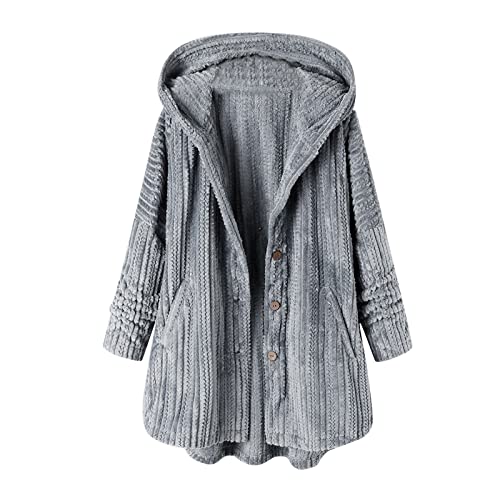 MianYaLi Frauen Kapuzenmantel Cord Strickjacke Solid Vintage Mäntel Damen Winter Casual Cord Kapuzenjacke Damen Solid Warm Parka Jacke Casual Hooded Button Pocket Retro Oversized Jacket (Grau, XL) von MianYaLi