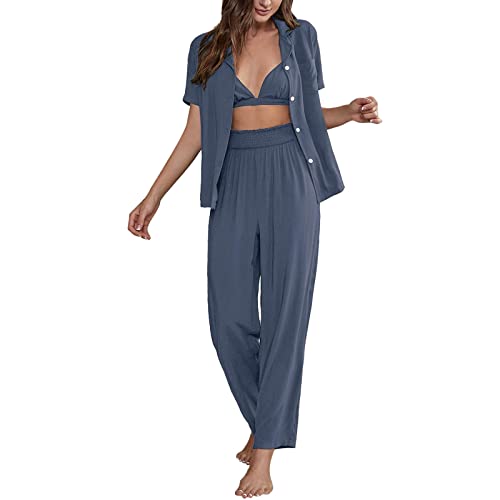 MianYaLi -Hose mit Frontausschnitt, Pyjama-Set, Baumwoll-Pyjama, Knopfleiste, Nachtwäsche Schlaf Anzug Frau von MianYaLi