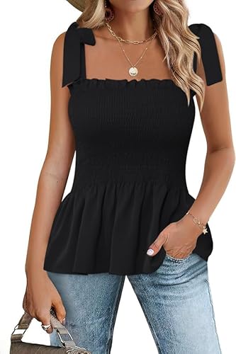 Micoson Rüschen gesmokte Tanktops für Frauen Sommer quadratischer Ausschnitt ärmellose Tops Krawatte Schulter Chiffon Bluse Babydoll Shirts, Schwarz, Klein Micoson Rüschen gesmokte Tanktops für Frauen Sommer quadratischer Ausschnitt ärmellose Tops Krawatte Schulter Chiffon Bluse Babydoll Shirts, Schwarz, Klein von Micoson