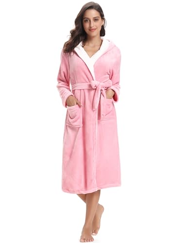 Morgenmantel Damen mit Fleece Bademantel Herren Lang Kapuze Flauschig warm aufgesetzte Taschen Plüsch Hausmantel Frottee Nachtwäsche women Rosa L von Migcaput