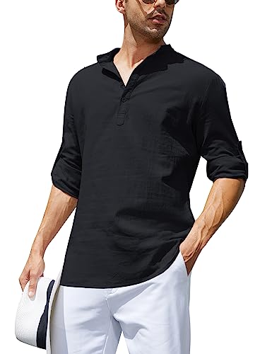 Herren Leinenhemd Langarm Freizeithemd Henley Casual Regular Fit Baumwolle Sommerhemd Einfarbig für Männer B M von Migcaput