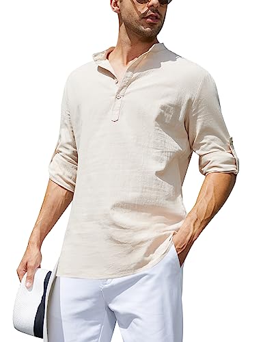 Leinenhemd Herren Langarm Casual Henley Shirt Baumwollmischung Einfarbig Strand Shirt Baumwolle Henley Shirt Business LGR L von Migcaput