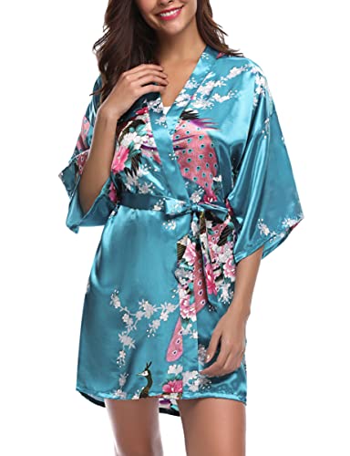 Migcaput Bademantel Damen Kurz mit Gürtel Kimono Robe Morgenmantel Sexy V-Ausschnitt Leicht Seide Satin Pyjama Strandkimonos Nachtwäsche mit Pfau Muster - pfau-Seeblau, XXL von Migcaput