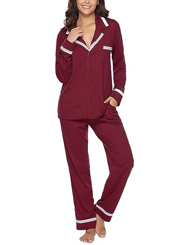 Migcaput Damen Schlafanzug Lang Zweiteiliger Baumwolle Schlafanzug Winter Pyjama Set V-Ausschnitt Langarm Winter Nachtwäsche Hausanzug für Frauen Rotwein-A XL von Migcaput